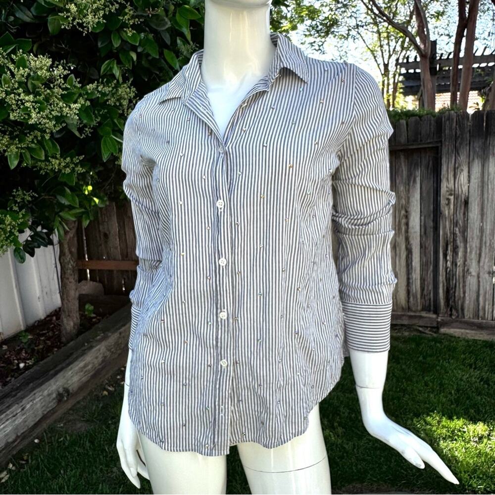 J. Crew Perfect Fit Striped Bling Poplin Shirt Grey White Women's Size 4